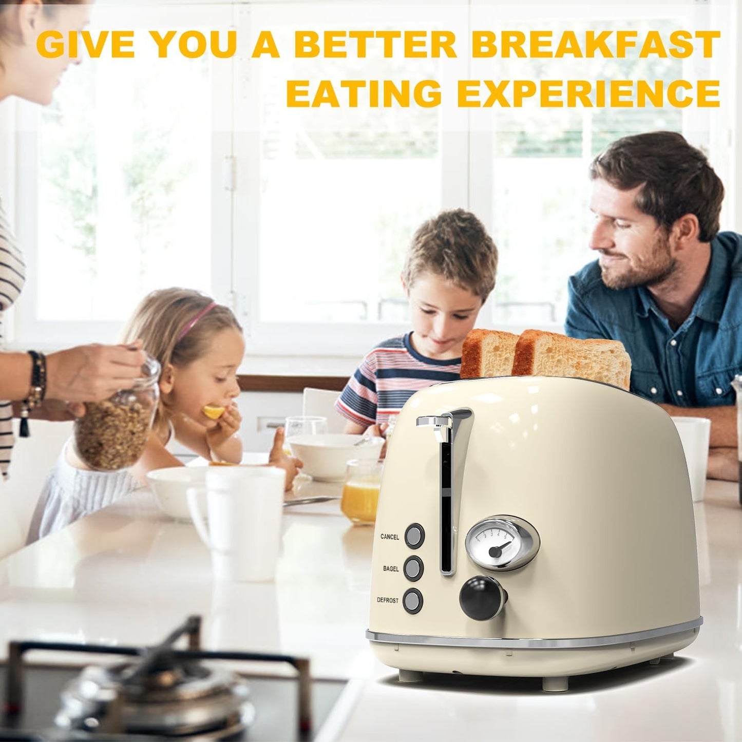 Retro Stainless Steel 2 Slice Toaster with 6 Settings, Extra Wide Slots, Bagel/D8