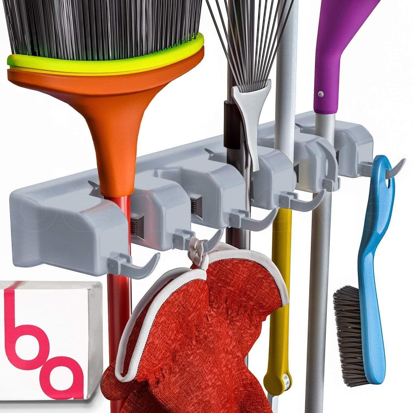 Wall Mount Broom Holder & Garden Tool Organizer with 6 Hooks - Home & Garage Sto1