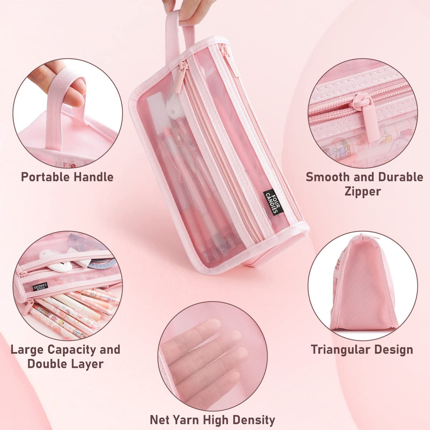 Clear Double Layer Pencil Case with Handle   Four Candies Grid Mesh, Pink3