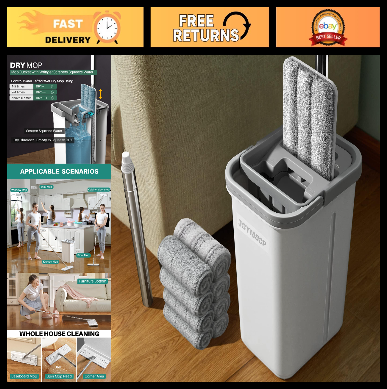 Flat Mop and Bucket Set - Microfiber Cleaning System, Hands-Free, 8 Washable Pad0