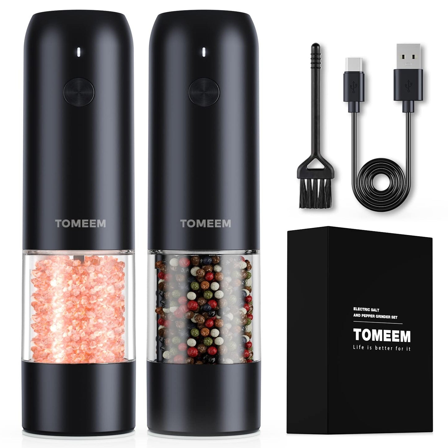 Rechargeable Electric Salt & Pepper Grinder Set with LED, Adjustable Coarseness,1