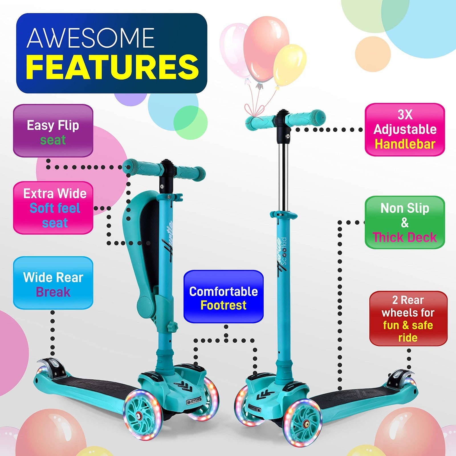 3-Wheeled Kids Scooter with LED Lights, Adjustable Handlebar, Foldable Seat - Si2