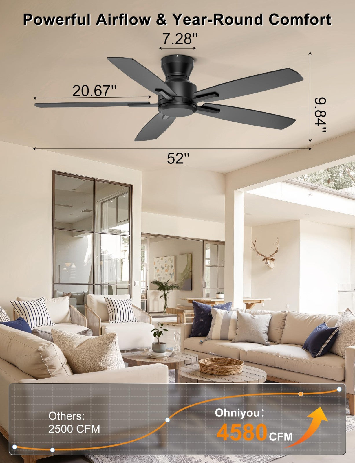 52" Low Profile Ceiling Fan   No Light, Remote/APP Control, Quiet DC Motor, 45802