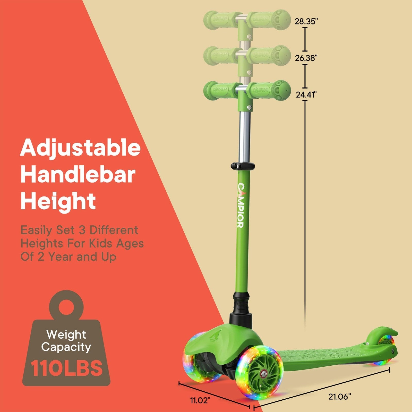 Green Mini 3-Wheel Kids Scooter - LED Light-Up Wheels, Adjustable Handlebar, Ant6