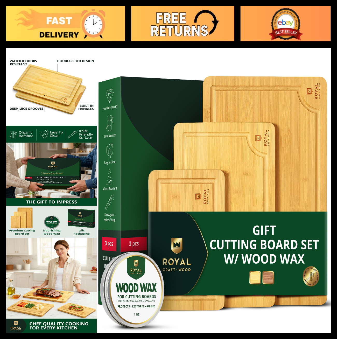 Wooden Cutting Boards Set   Bamboo Meal Prep & Serving Board with Juice Groove &0