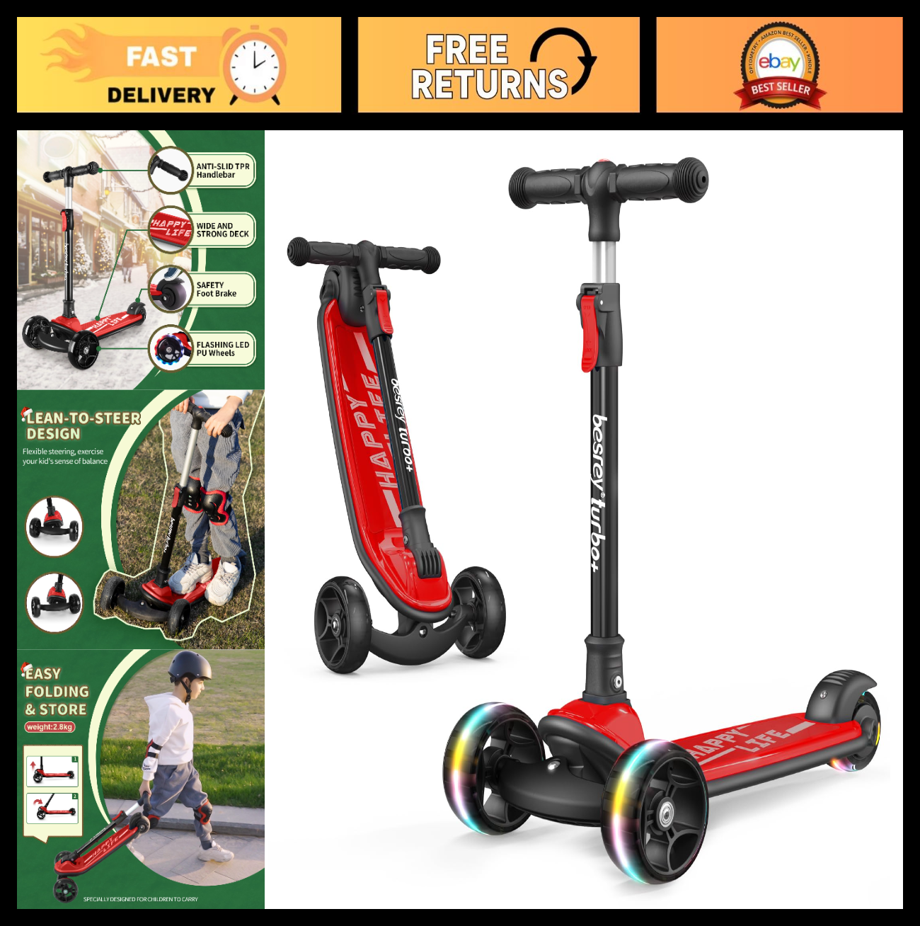 3-Wheel Kids Scooter Ages 3-10, Adjustable Height, Safe & Durable Design0