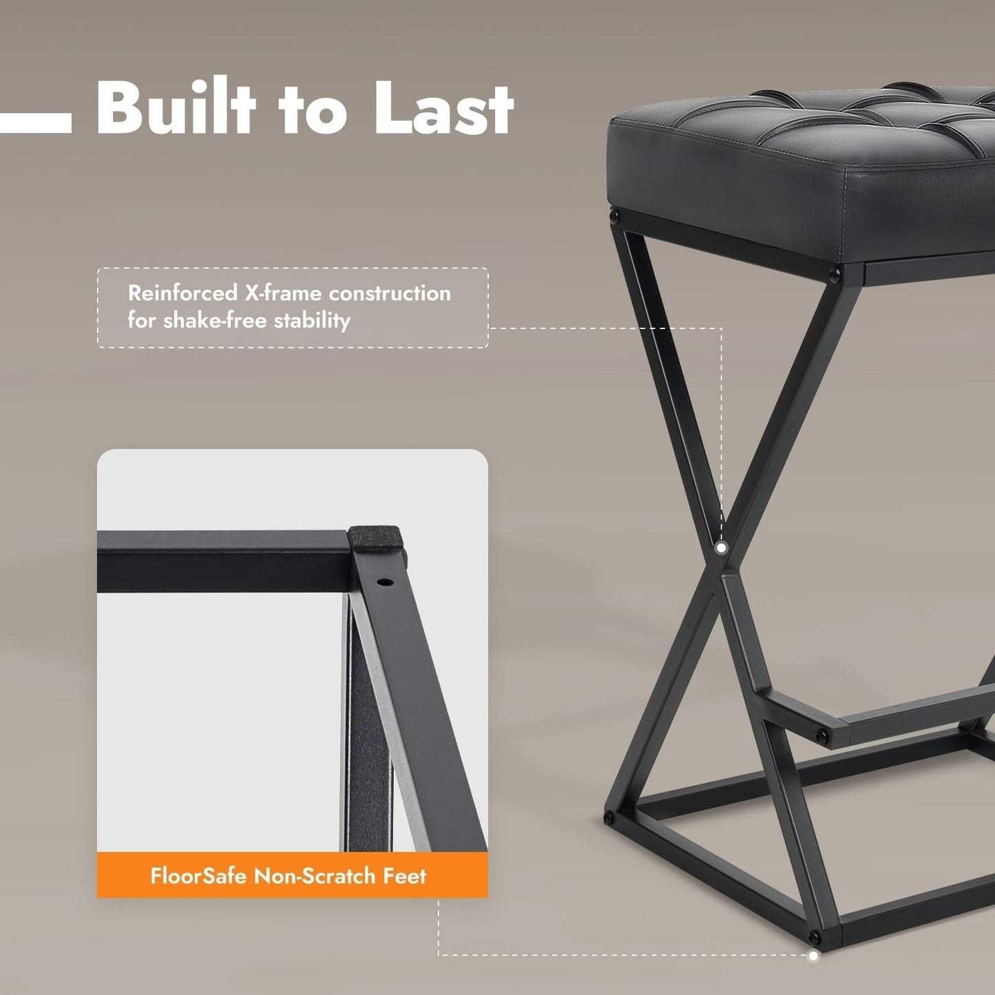Set of 2 Backless 26" Counter Height Bar Stools, Faux Leather, Modern X-Frame Me4
