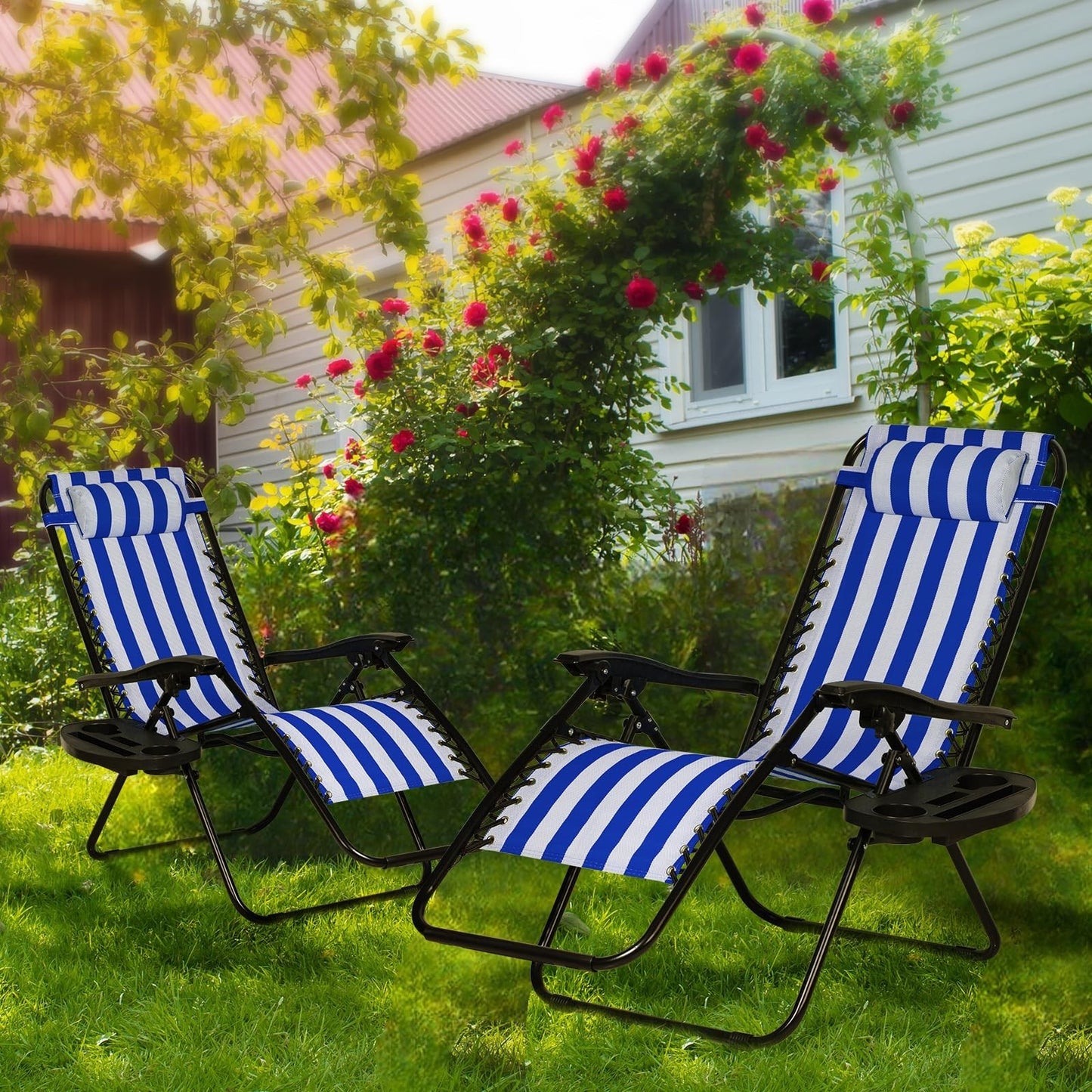 Set of 2 Adjustable Zero Gravity Lounge Chairs   Steel Mesh Recliners with Pillo2