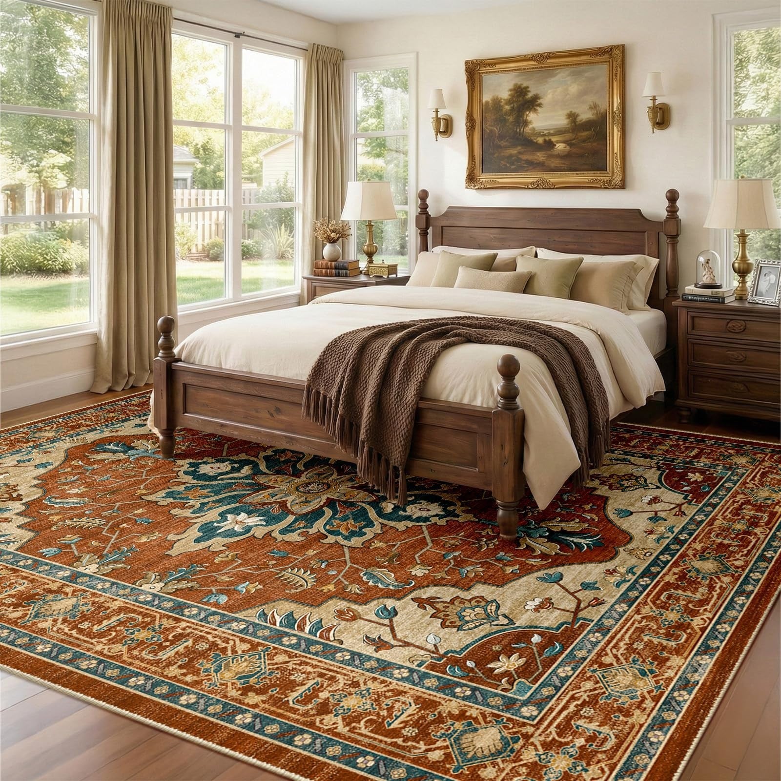 Washable 8'x10' Area Rug   Non Slip, Water Repellent, Pet Friendly, Vintage Flor2