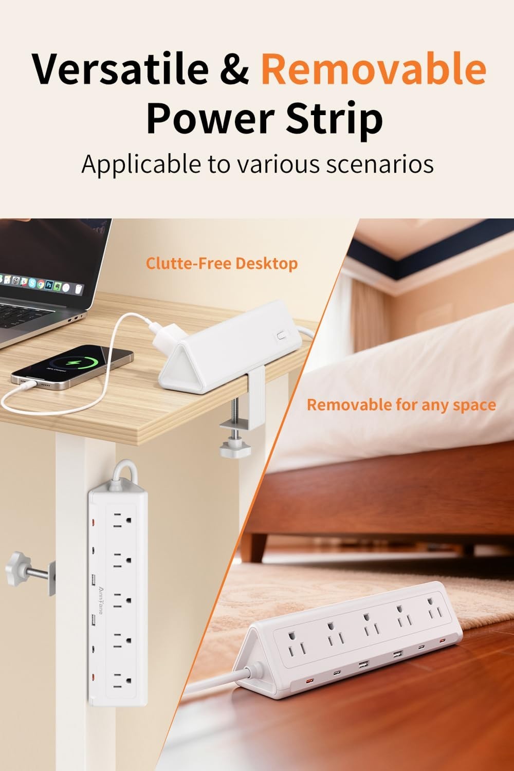 10FT Desk Clamp Power Strip, 5 AC Outlets, 6 USB Ports, PD 40W Fast Charge, Whit4