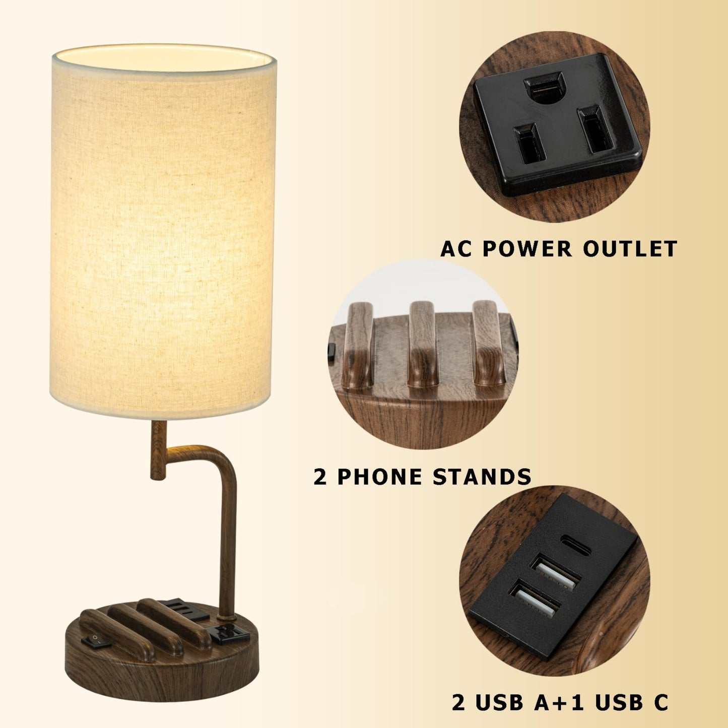 Modern Table Lamp with 3 USB Ports & AC Outlet, Bedside Desk Light, Pack of 21