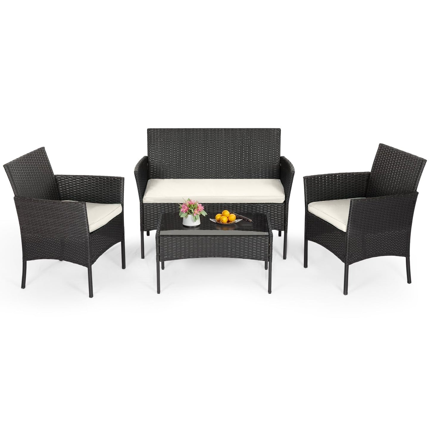 4 Piece Outdoor Wicker Patio Furniture Set | Modern Rattan Chairs & Coffee Table1