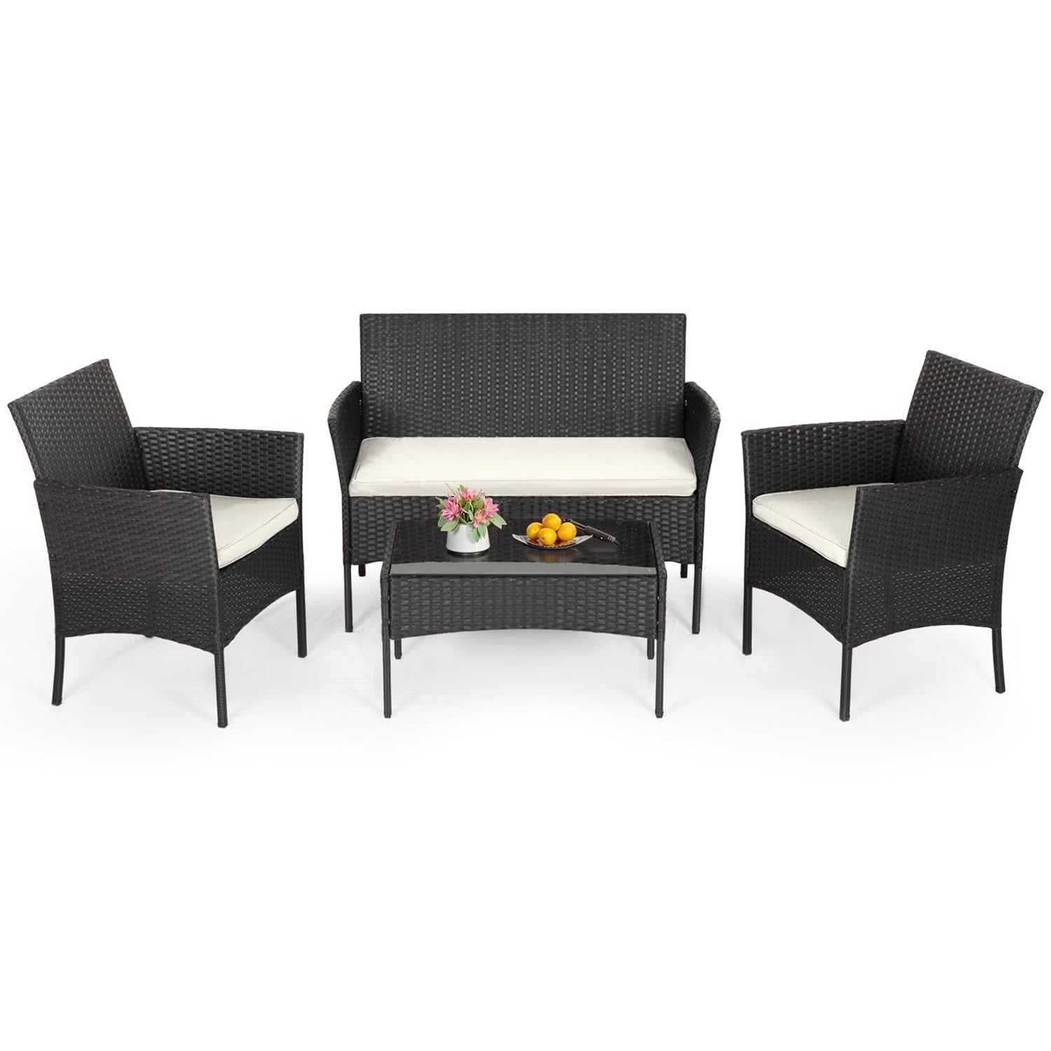 4 Piece Outdoor Wicker Patio Furniture Set | Modern Rattan Chairs & Coffee Table1