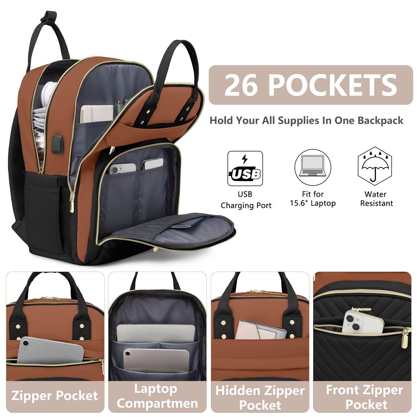 Stylish 15.6" Laptop Backpack for Women   Waterproof Travel Bag with USB Charger2