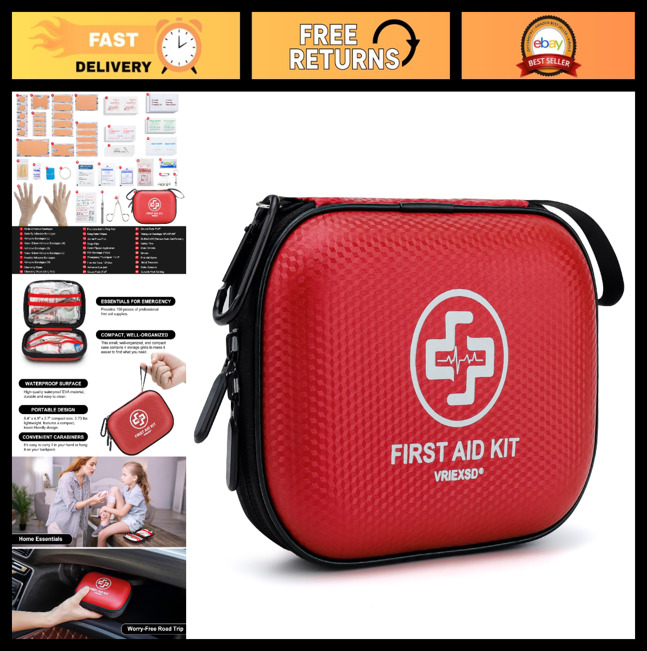 150 Piece Mini First Aid Kit   Waterproof Hard Shell for Home, Travel, Camping &0