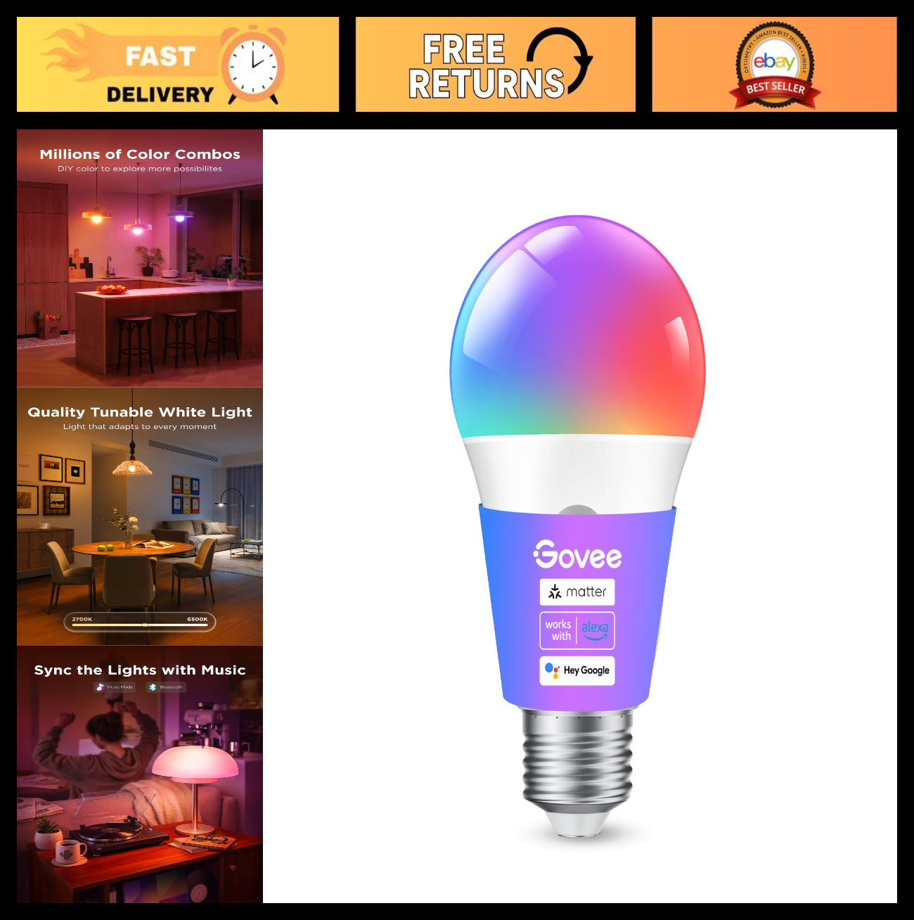 Color Changing Smart LED Light Bulb, 800 LM, E26 Base, WiFi & Bluetooth, 16M Col0