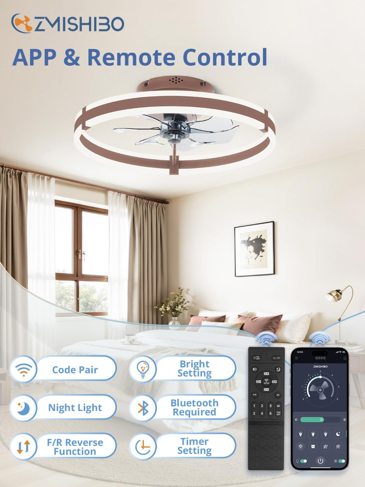 Modern Flush Mount Ceiling Fan with Lights & Remote, 19.7'' Low Profile, Dimmabl4