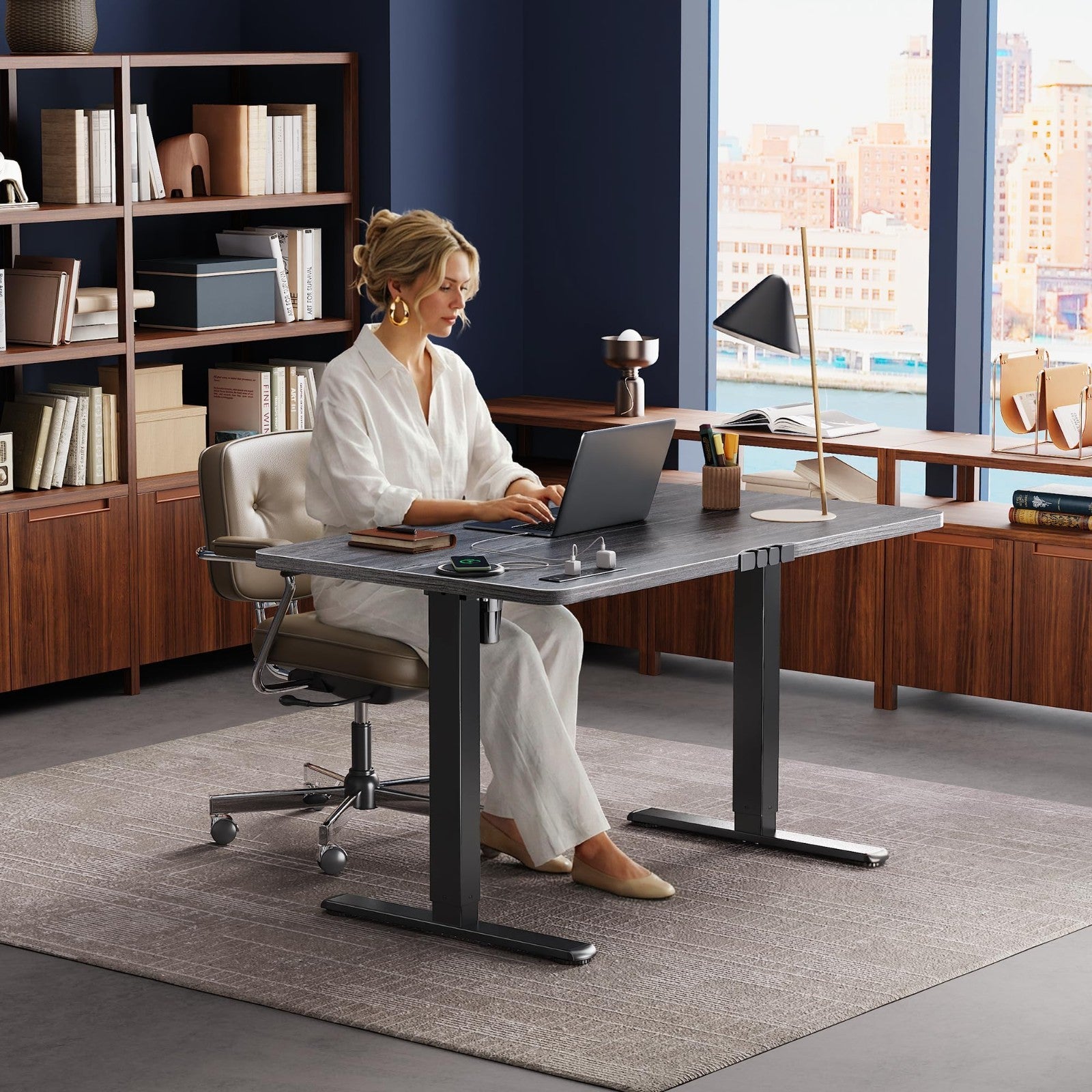 Height Adjustable Electric Standing Desk with USB-C & Power Outlets, 47x24" - Ho7