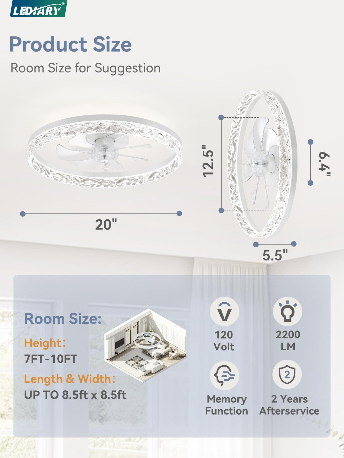 20" Modern LED Ceiling Fan with Lights & Remote, Dimmable, Low Profile, 6 Speeds7