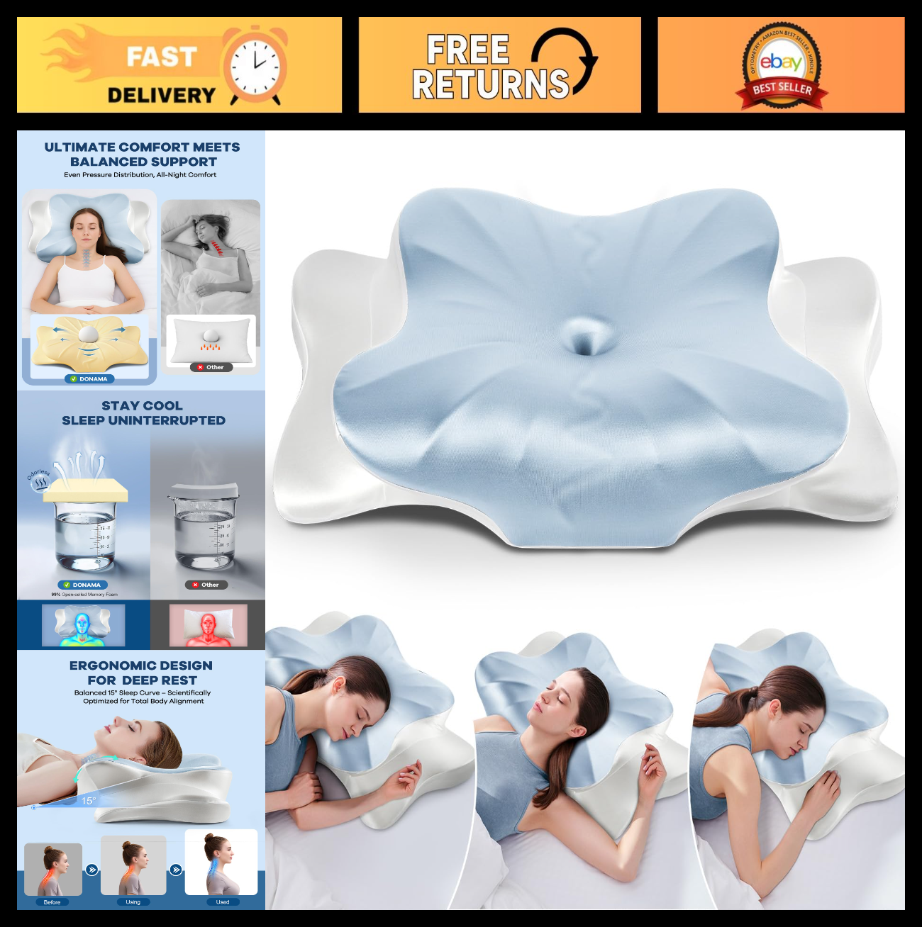 Cervical Memory Foam Pillow for Neck & Shoulder Pain Relief, Ergonomic Dual Heig0
