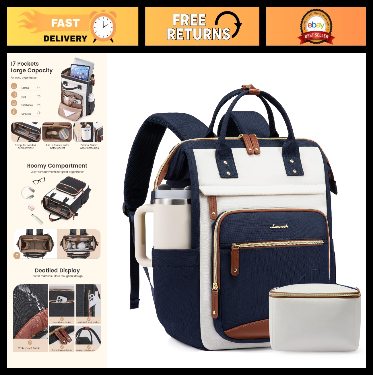 Stylish Waterproof Laptop Backpack for Women, 15.6" Large Capacity Work Bag with0