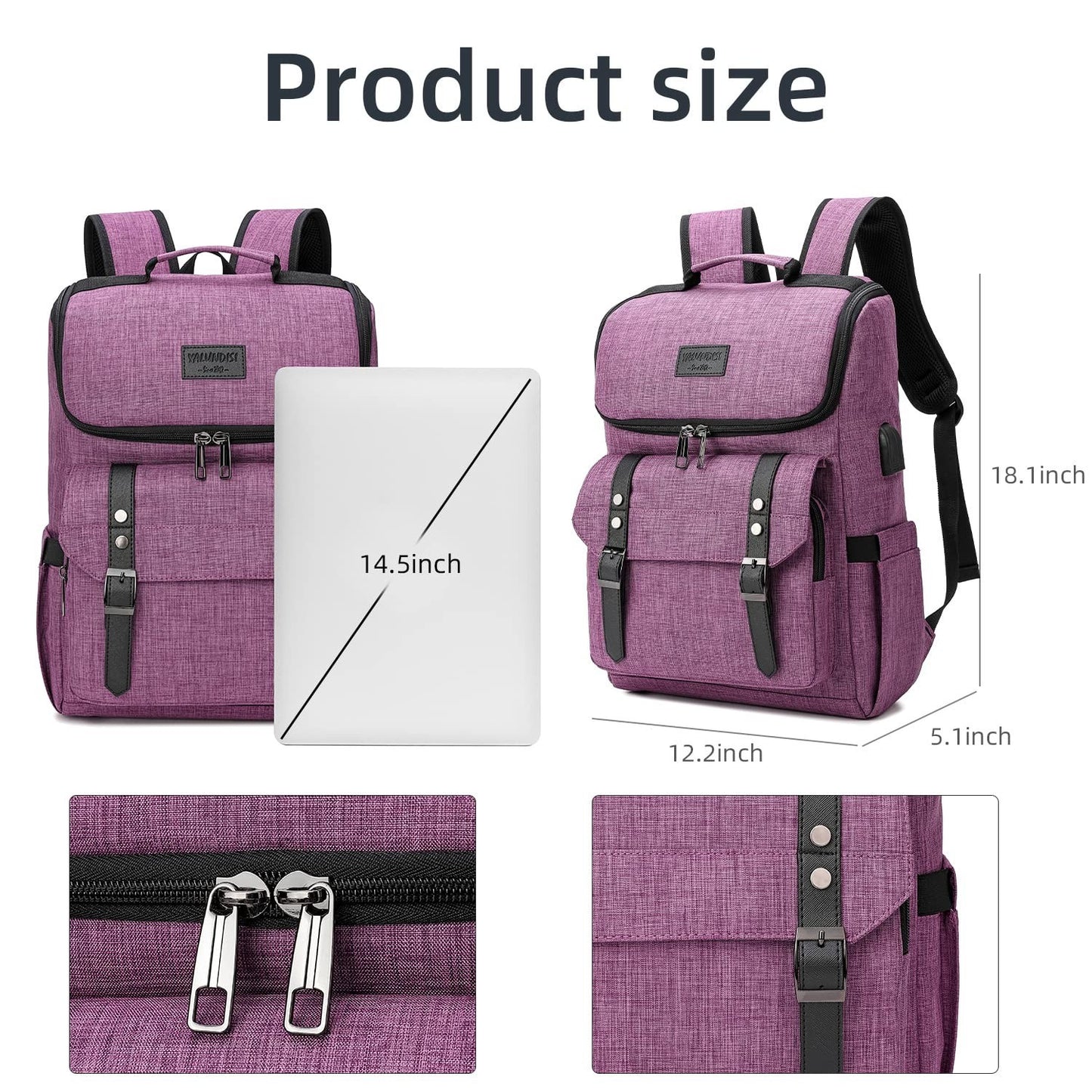 Vintage Laptop Backpack for Travel & College, USB Charging Port, Fits 15.6" - Pu4