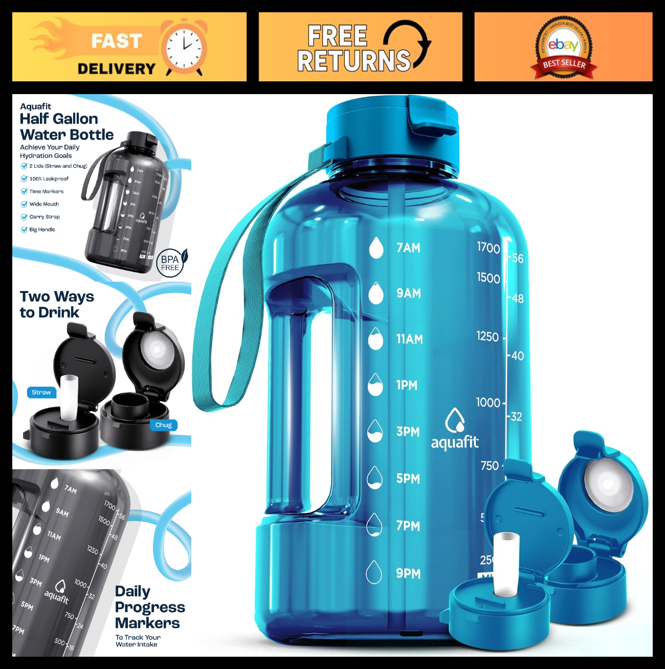 Optimized eBay Title:  64 oz Water Bottle with Time Marker - BPA Free Gym Jug w0