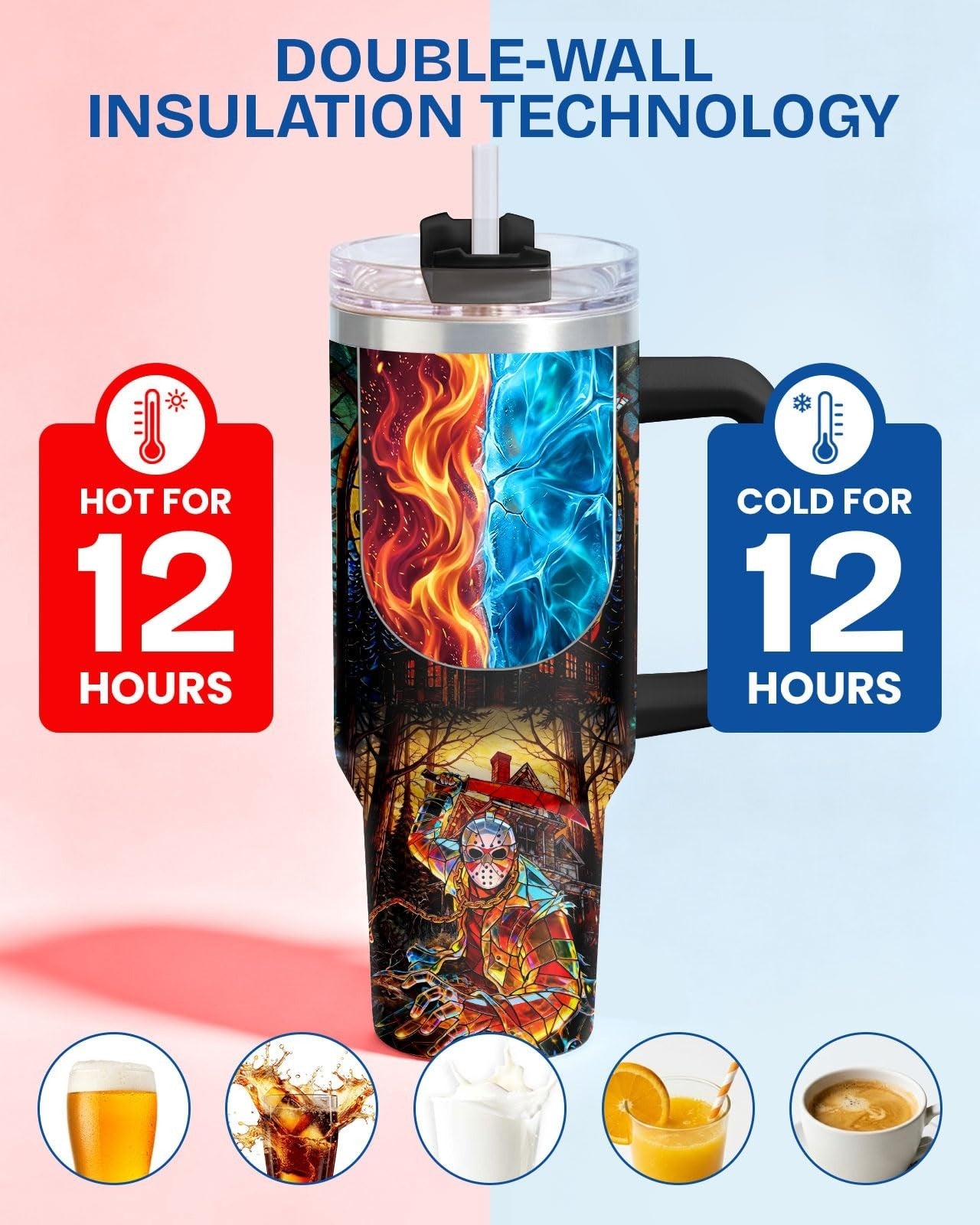 40oz Insulated Travel Mug with Handle   Funny Horror Slasher Design, Perfect Gif4