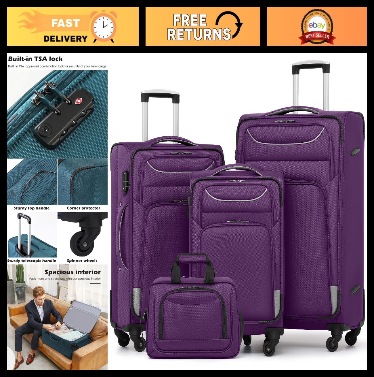 4-Piece Softshell Luggage Set with TSA Lock, Spinner Wheels, Carry-On Tote, Dura0