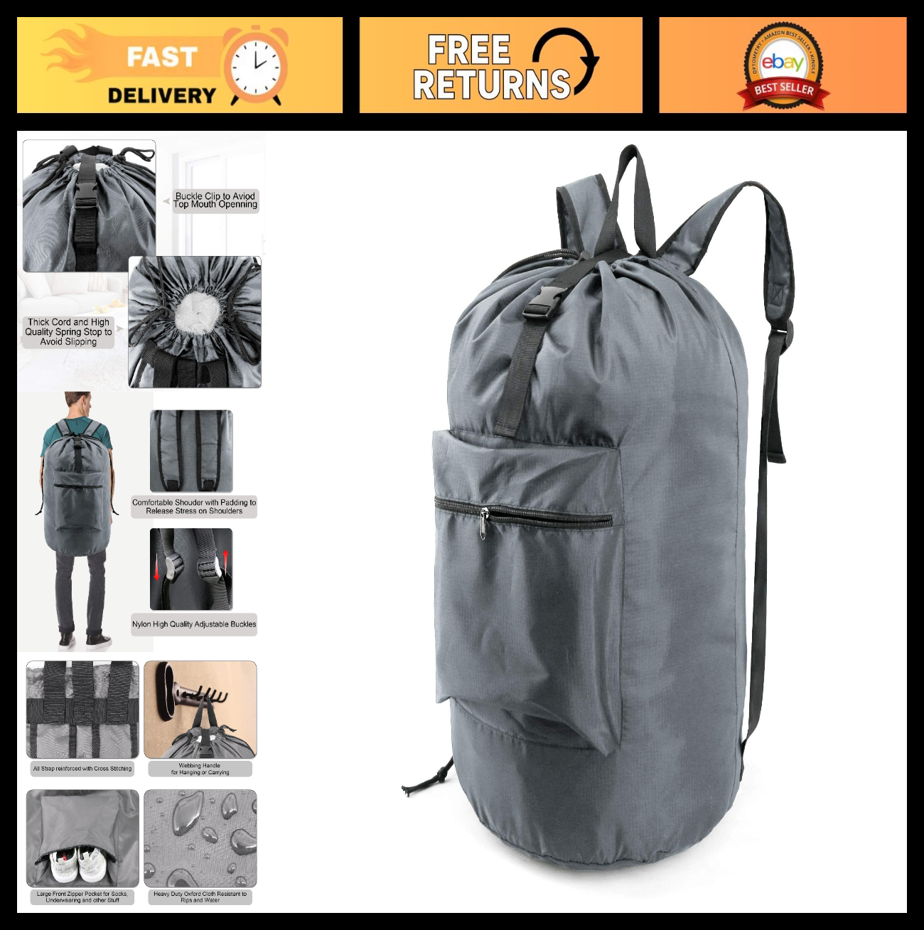 Lightweight Gray Laundry Backpack with Adjustable Straps & Drawstring - Travel H0