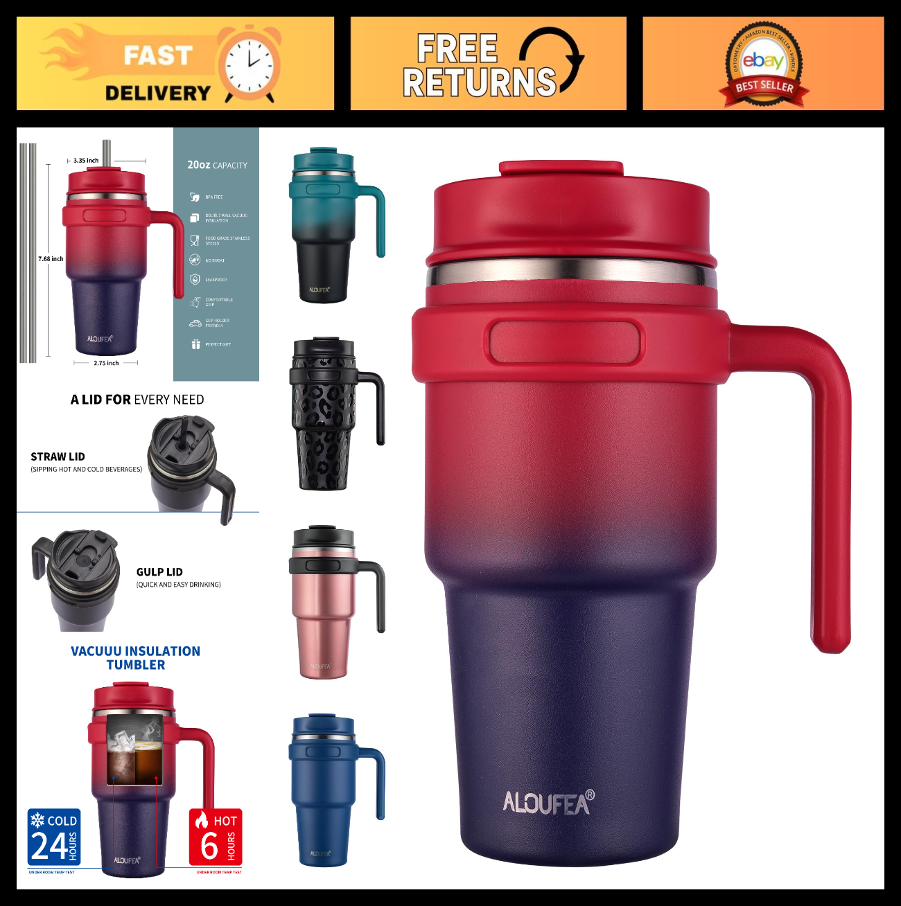 Insulated 20 oz Coffee Mug with Handle   Stainless Steel Travel Tumbler, Lid & S0