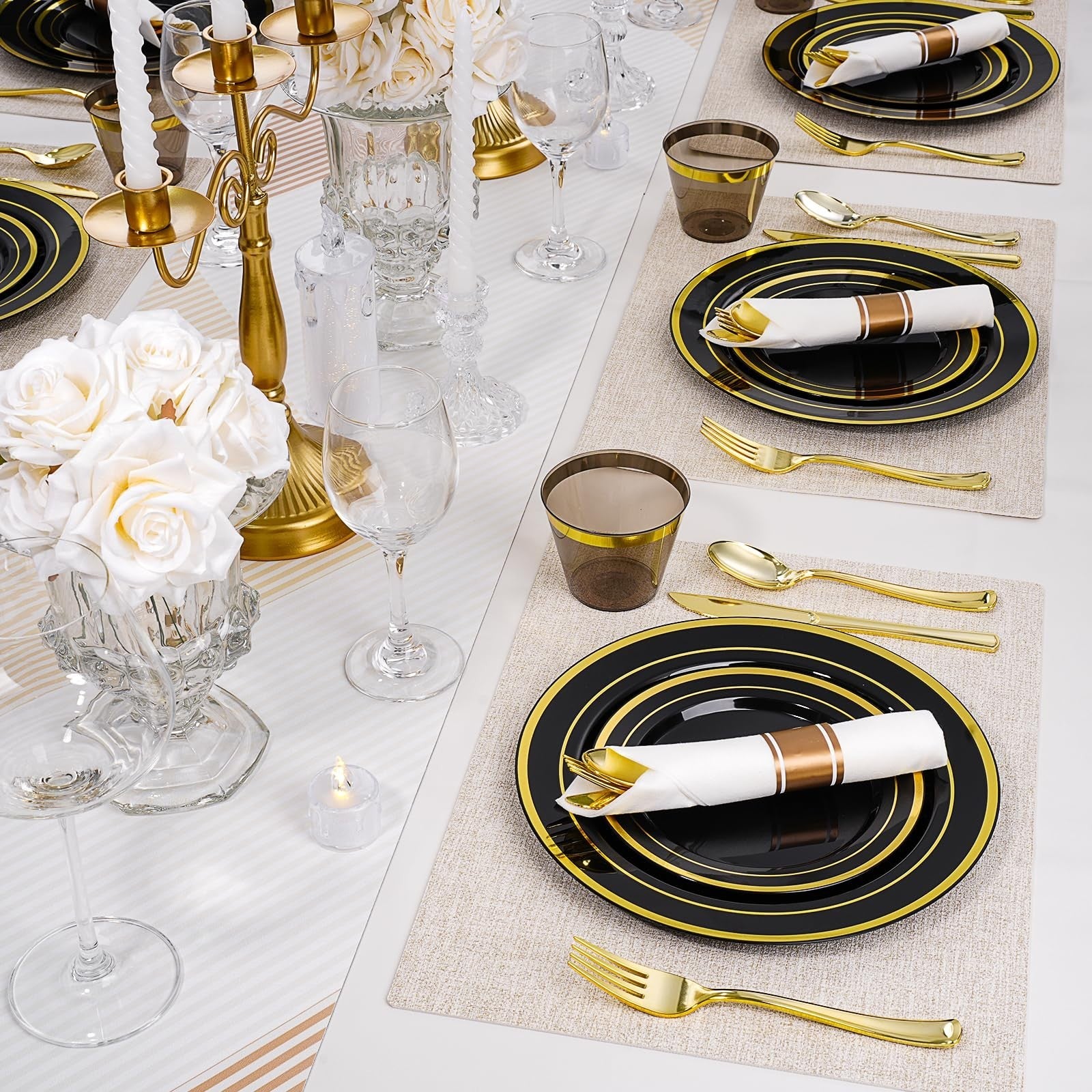 350 PCS Black Plastic Dinnerware Set for 50 Guests - Disposable Plates, Napkins4