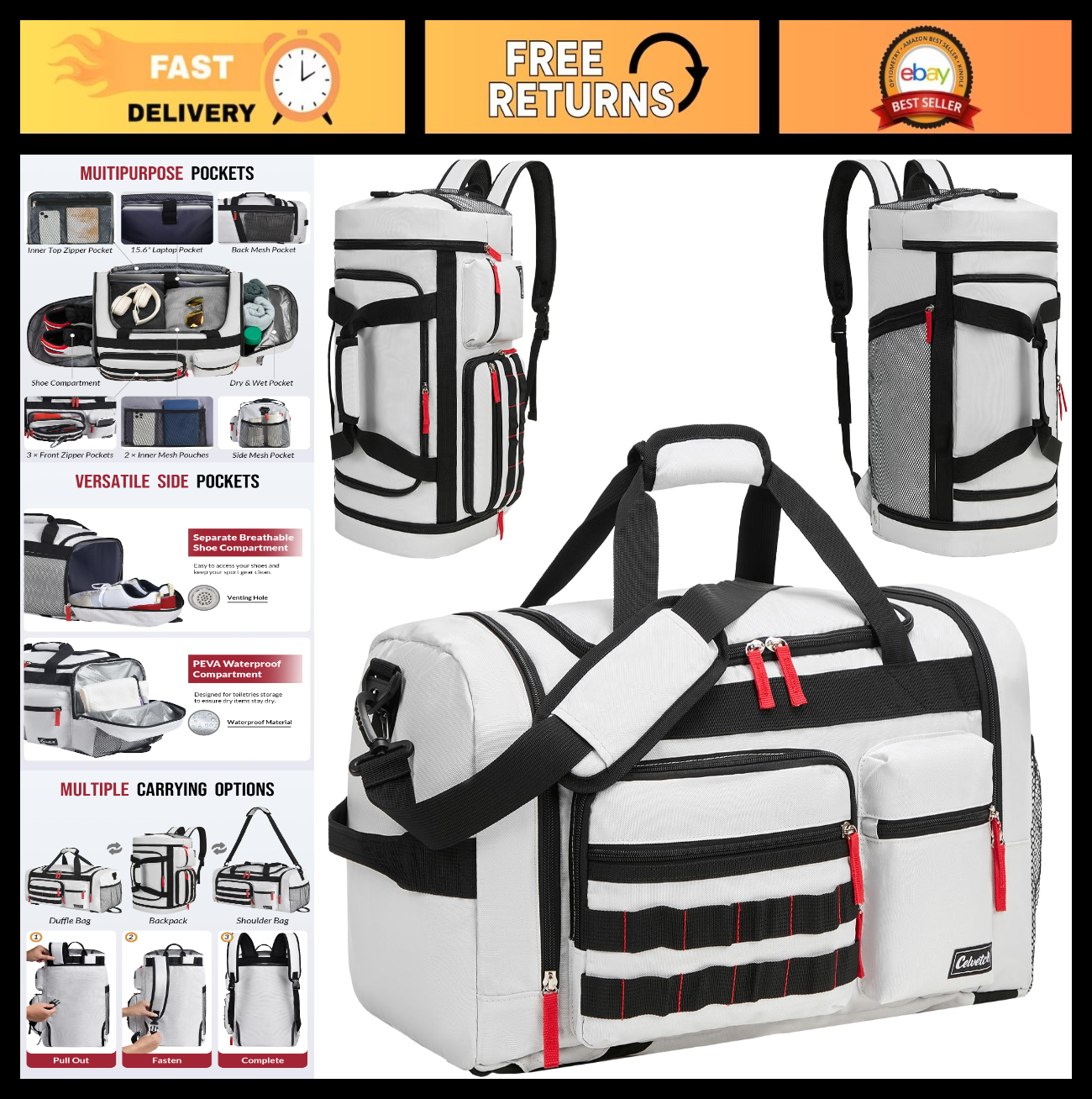 3-in-1 Gym Bag for Men & Women, 39L Sports Duffel Backpack, Wet Pocket & Shoe Co0