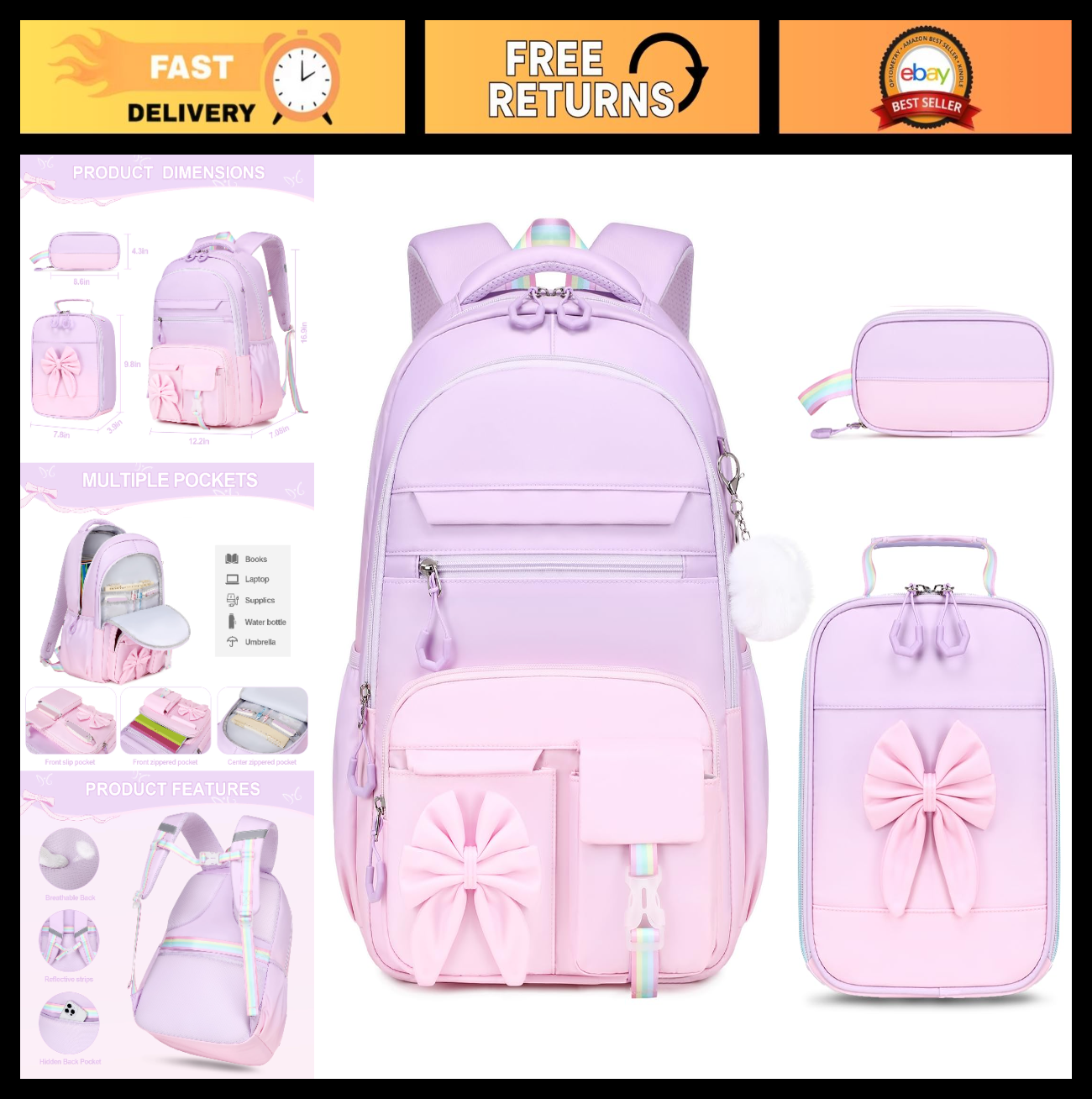 Cute Girls Backpack Set with Lunch Bag & Pencil Case   Stylish School Bag for Ki0