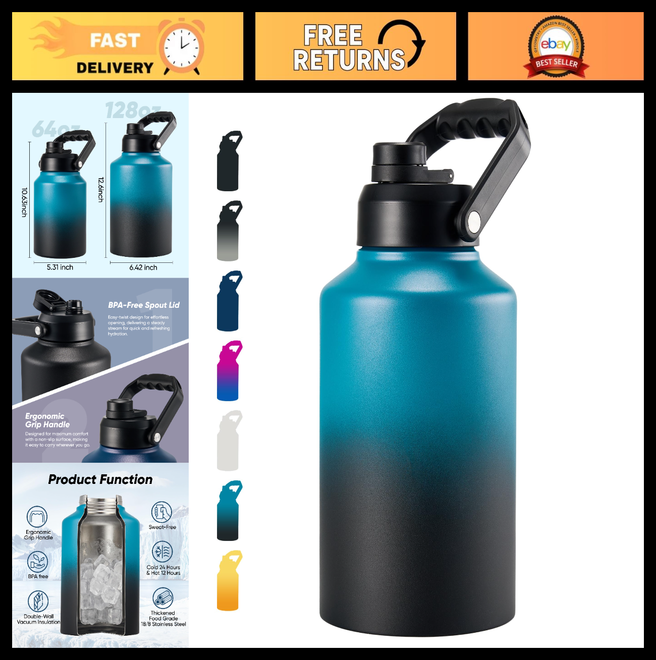128oz Insulated Water Jug - Stainless Steel, Leak Proof, Double-Wall, Camping &0