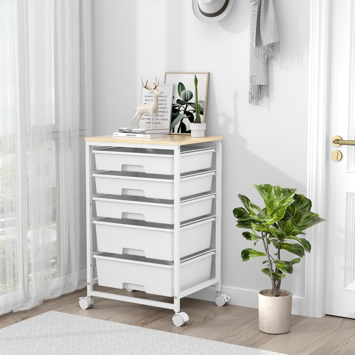 5 Drawer Utility Cart with Wooden Top, Lockable Wheels, Rolling Craft Storage Tr7