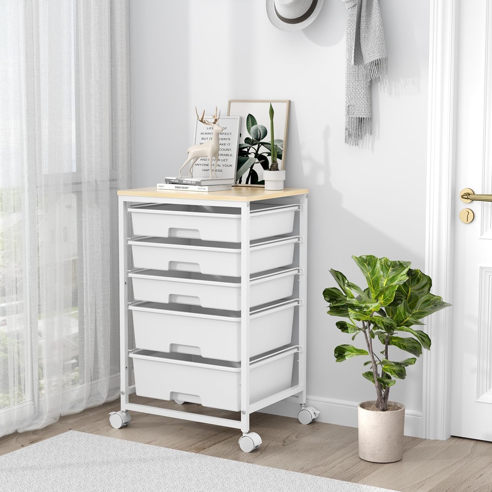 5 Drawer Utility Cart with Wooden Top, Lockable Wheels, Rolling Craft Storage Tr7