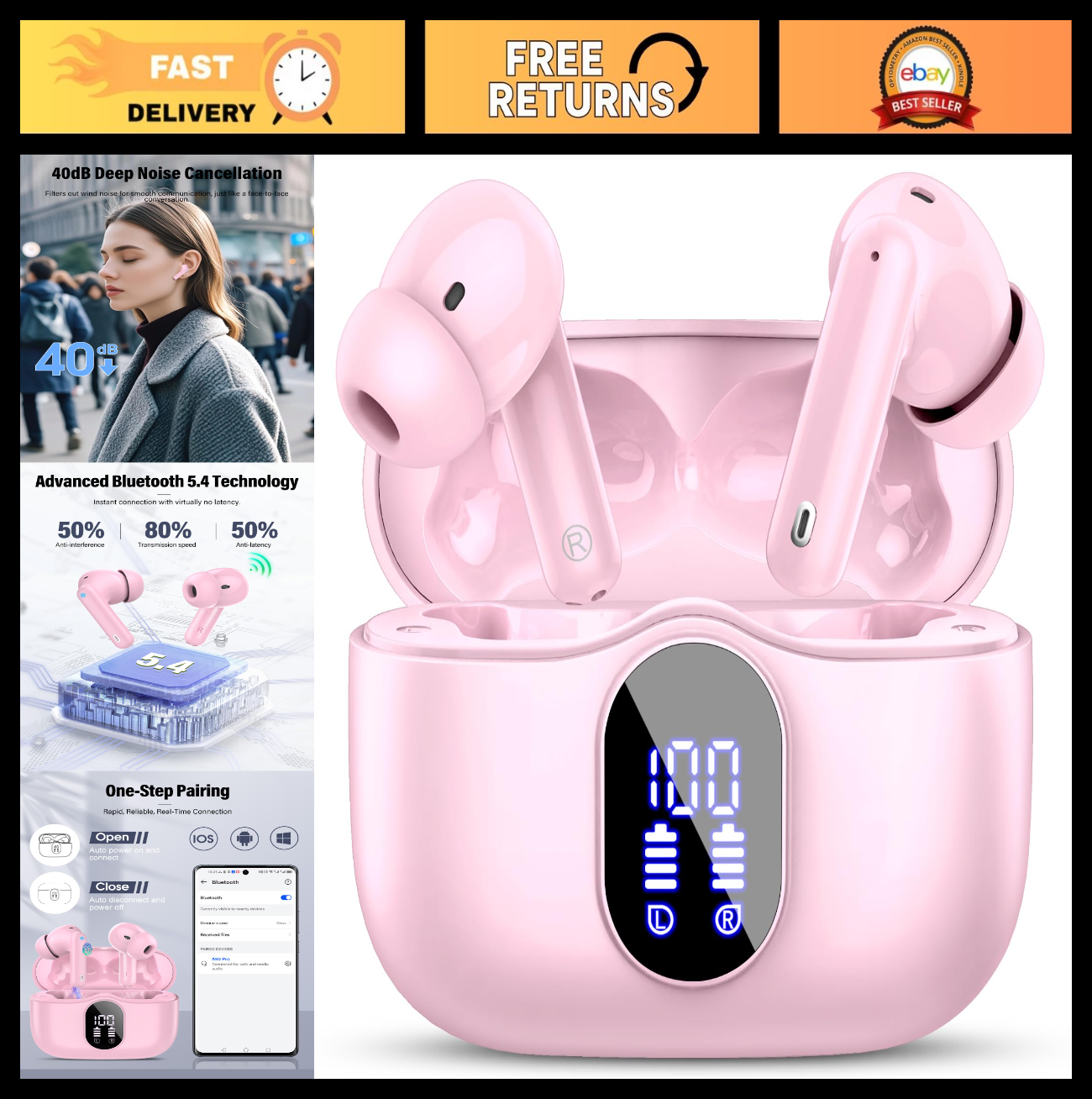 Wireless Bluetooth 5.4 Earbuds, Noise Cancelling, IP7 Waterproof, 36H Playtime,0
