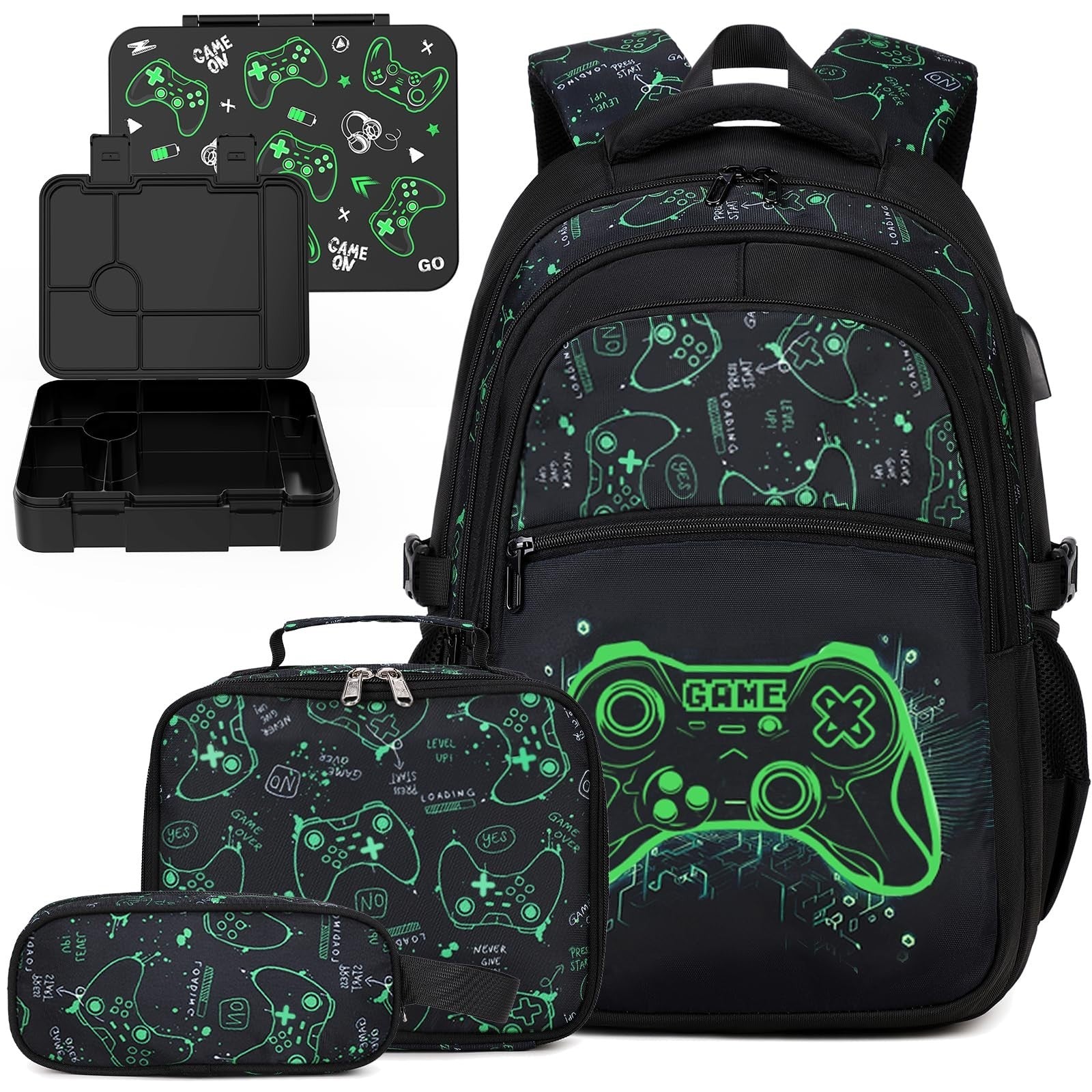 Cool Luminous Boys Backpack Set   6PCS Gamer Bag, Lunch Box & Pencil Case for Sc0