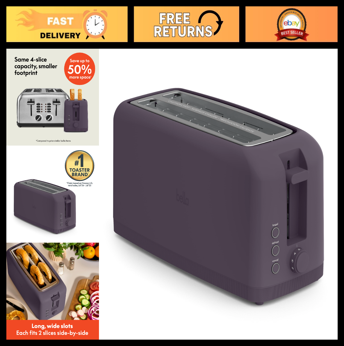Slim 4 Slice Toaster Extra Long & Wide Slots, Fits Anywhere, Plum Color0