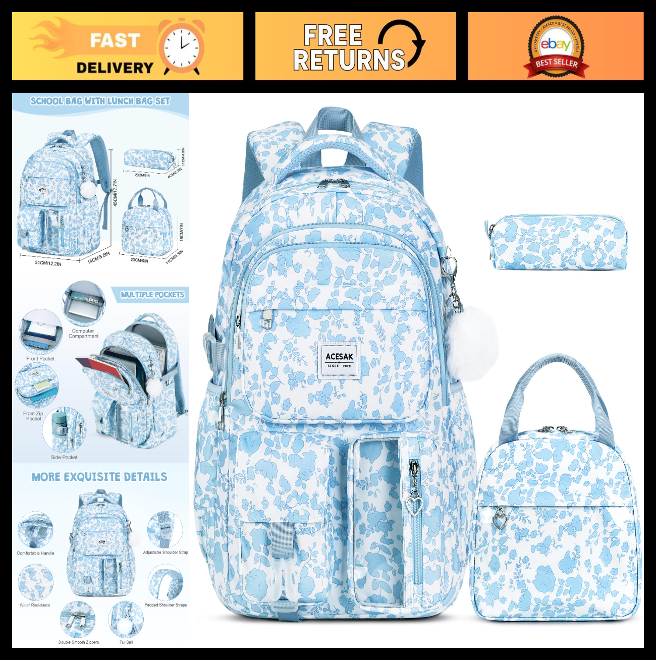 Stylish Girls Backpack with Lunch Bag & Pencil Pouch   Teen Laptop Bookbag, Blue0
