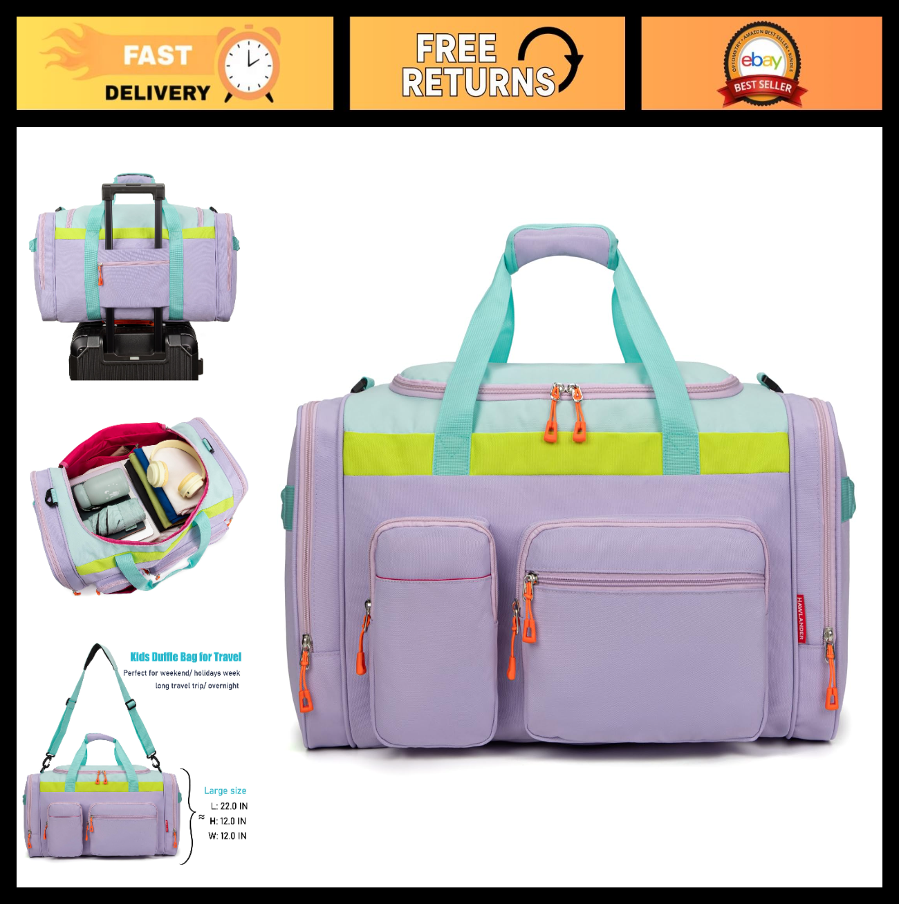 Spacious Kids Duffle Bag for Travel & Weekend Getaways, 22"x12"x12", Durable Pol0