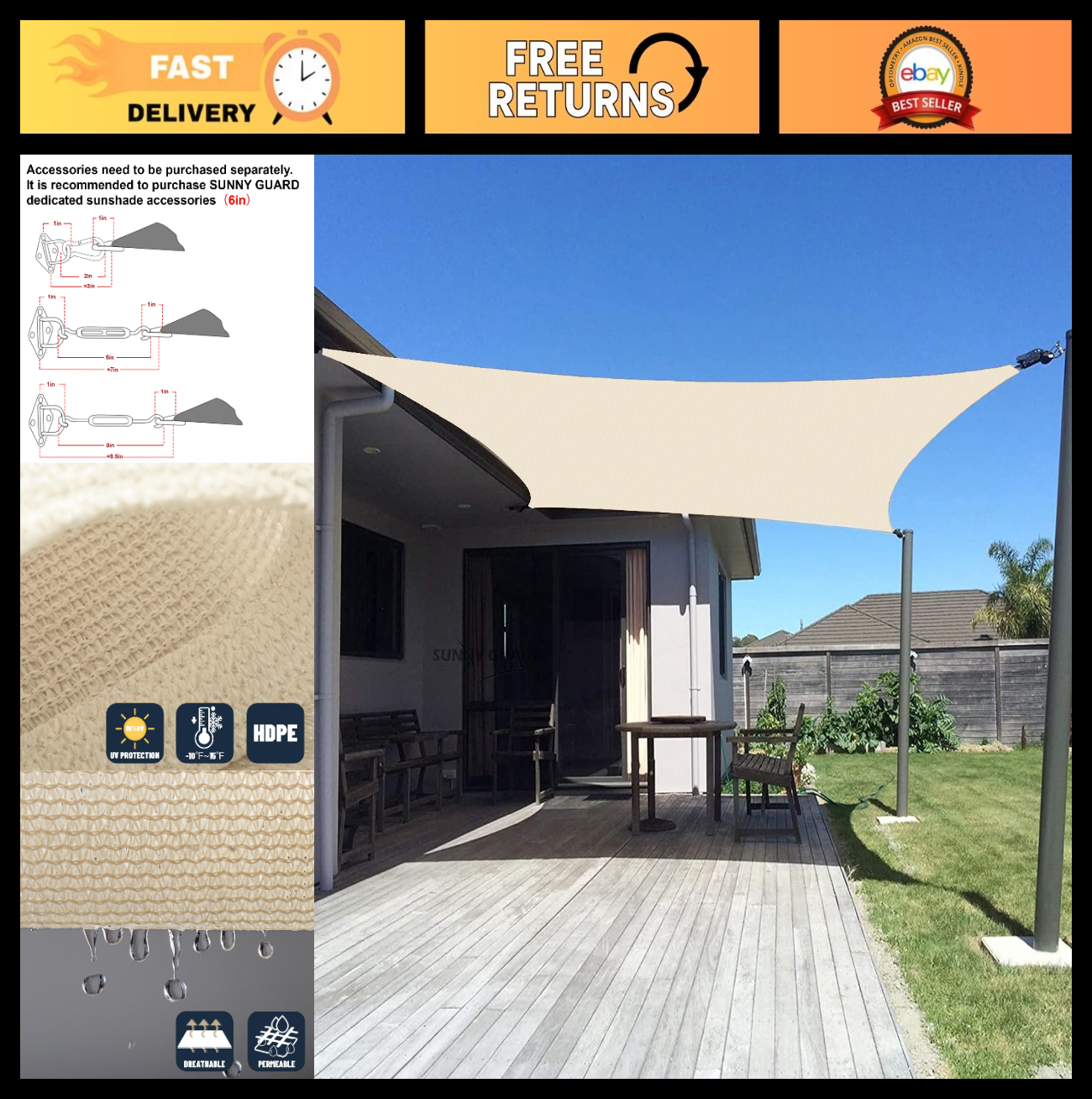 10' x 13' Rectangle Shade Sail Canopy   95% UV Protection for Backyard, Patio, G0
