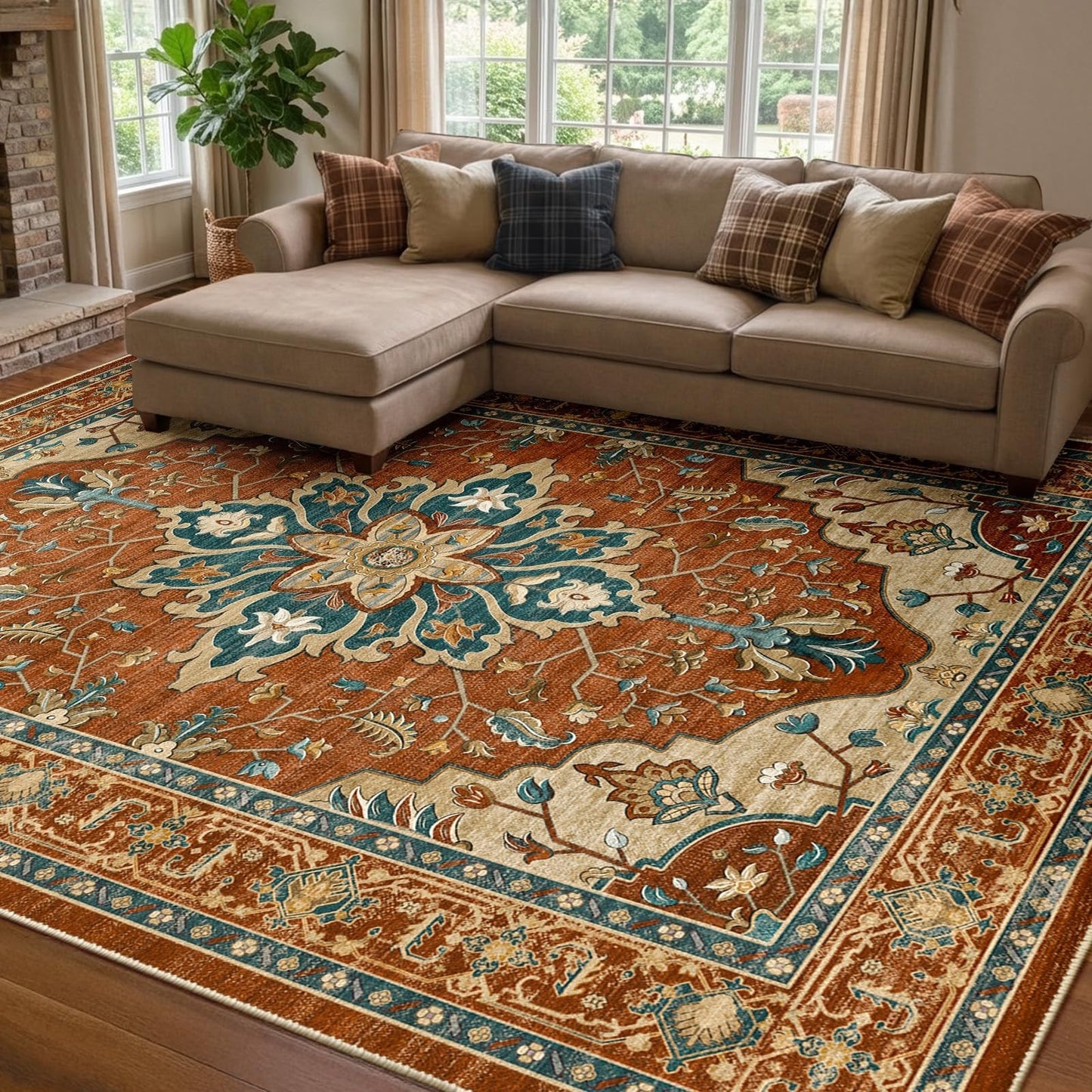 Washable 8'x10' Area Rug   Non Slip, Water Repellent, Pet Friendly, Vintage Flor1