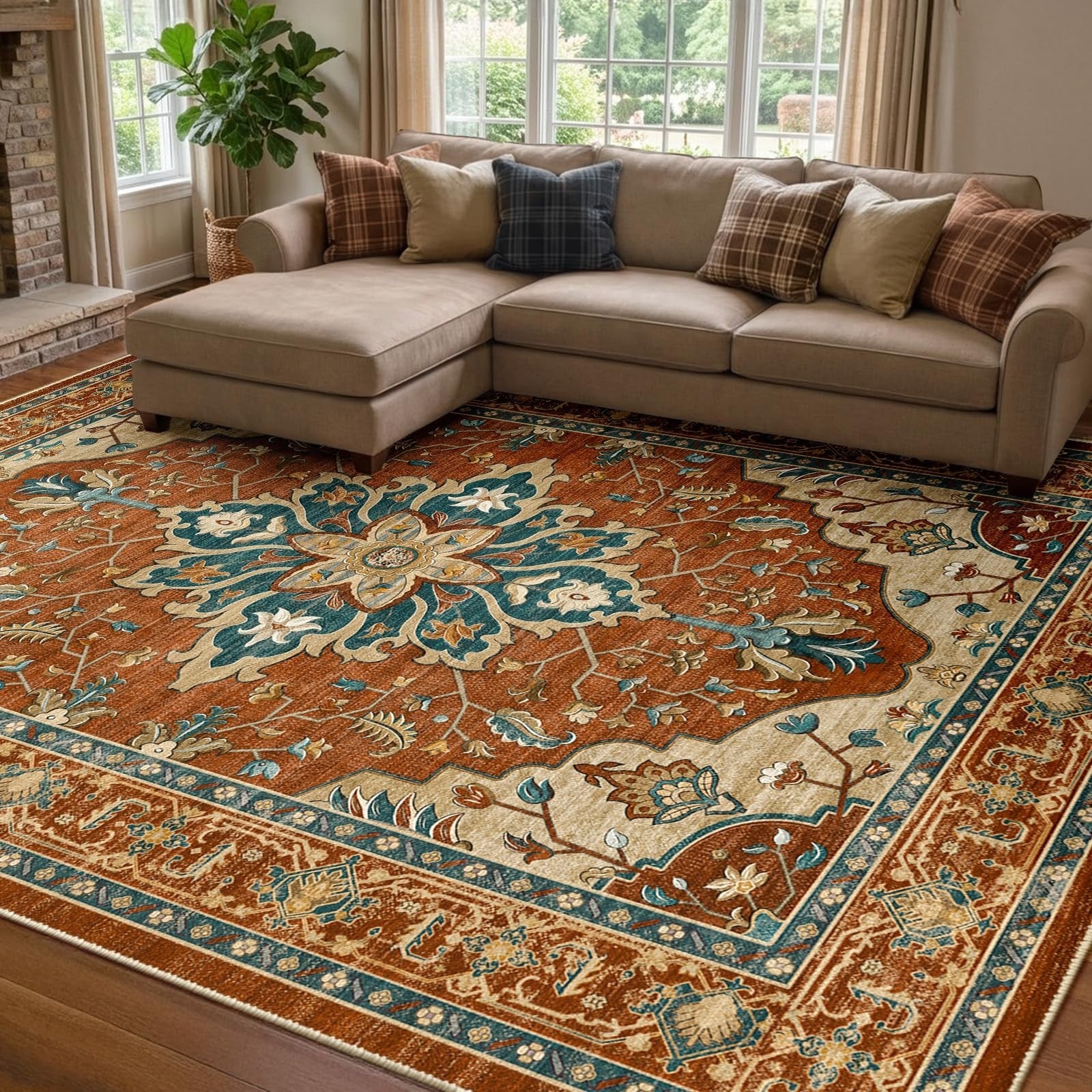 Washable 8'x10' Area Rug   Non Slip, Water Repellent, Pet Friendly, Vintage Flor1