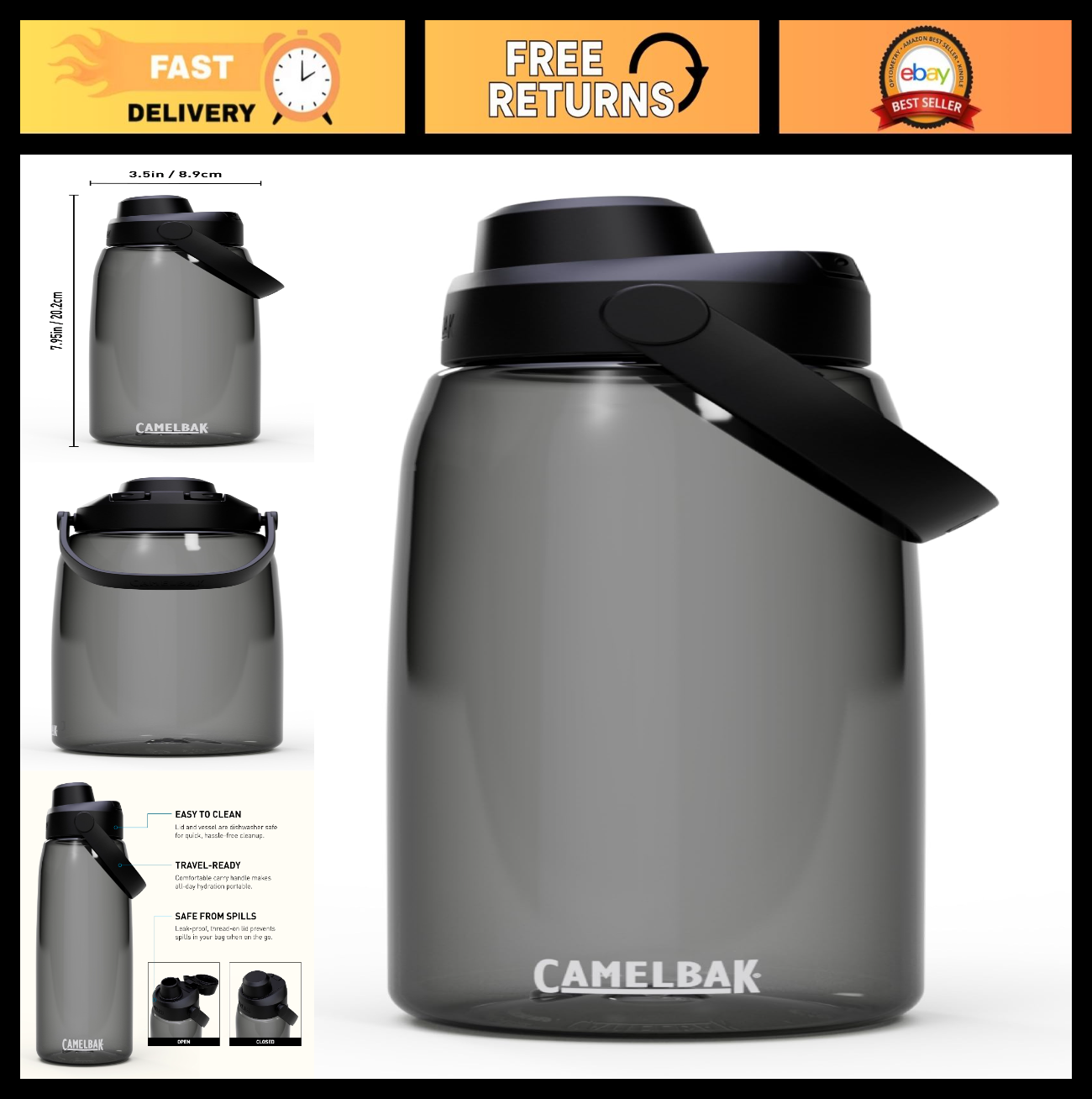 High Flow 32oz Water Bottle for Quick Hydration, Active Lifestyle, Charcoal Colo0