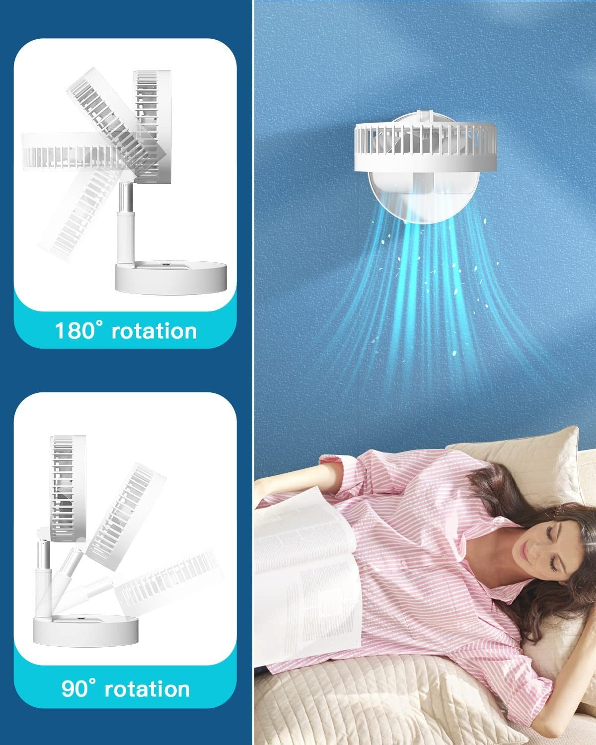 Portable Folding Stand Fan, USB Rechargeable 7200mAh, 4 Speed Adjustable Height,4