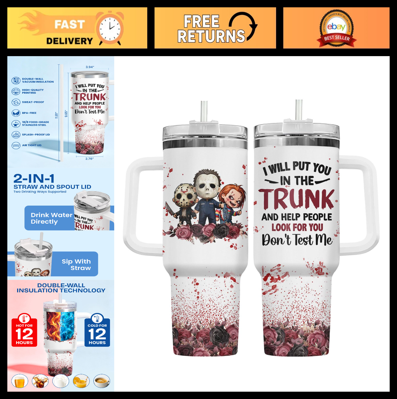 34oz Insulated Stainless Steel Tumbler   Funny Horror Gothic Roses Travel Mug0