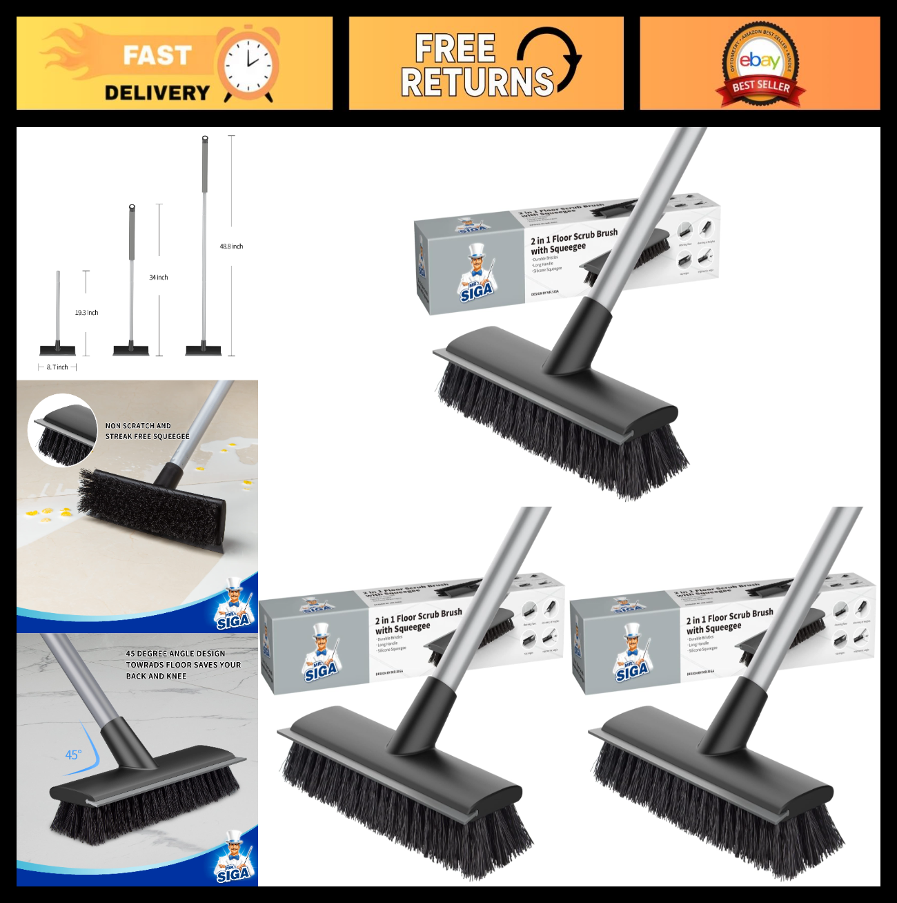 2-in-1 Floor Scrub Brush & Squeegee, Long Handle, Stiff Bristles, 3-Pack for Bat0