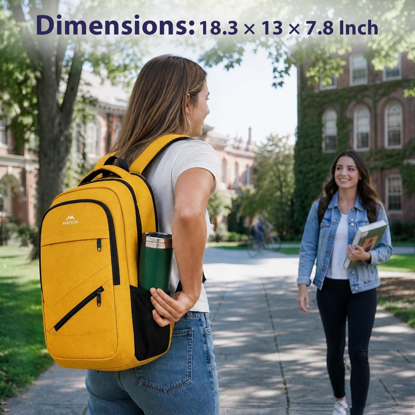 Water Resistant Yellow Backpack for Women, 17" Travel Carry On Bag, Stylish & Du1